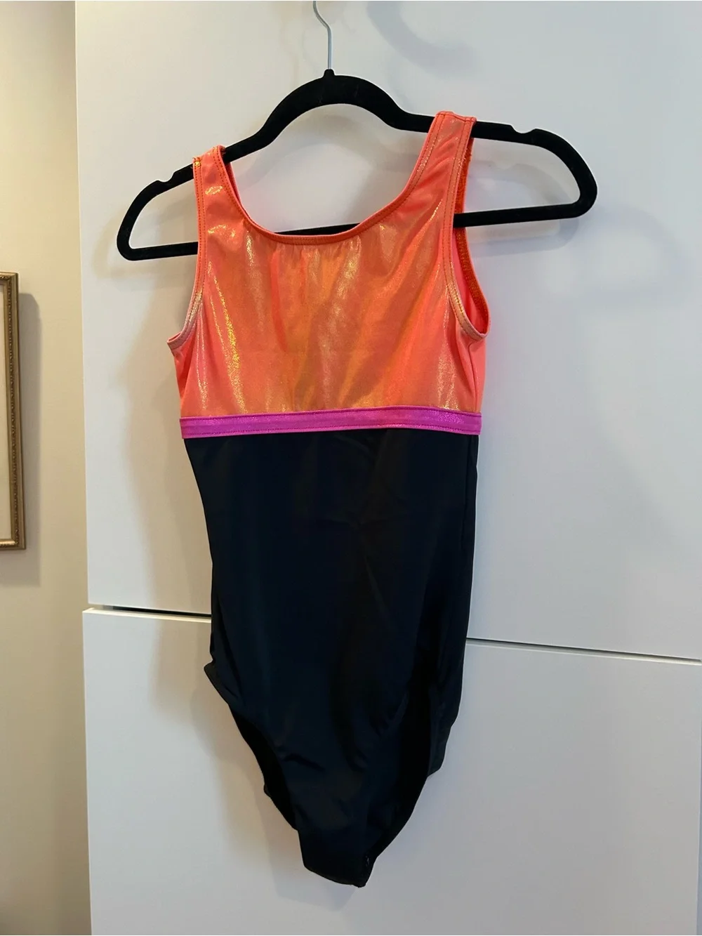 balera Orange Shimmer & Pink Trim Black Tank Leotard - Size LC
